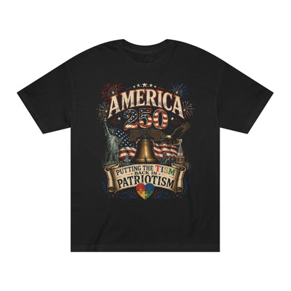 America 250 Putting the Tism Back in Patriotism black t-shirt with Liberty Bell eagle Statue of Liberty fireworks and autism puzzle heart design