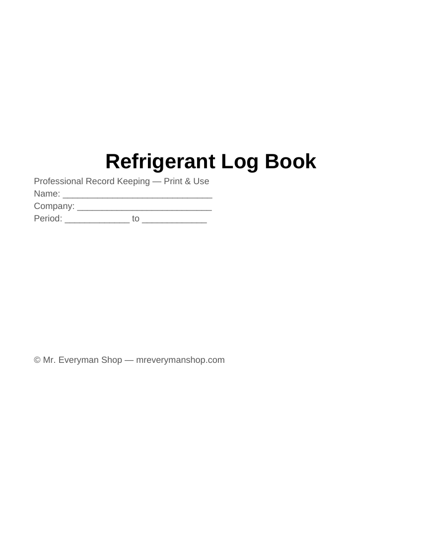Refrigerant Log Book — EPA 608 Service & Leak Rate Record — Printable PDF