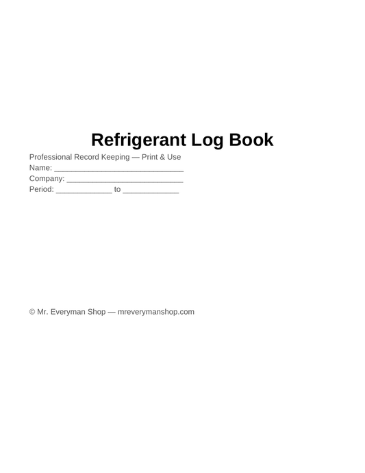 Refrigerant Log Book — EPA 608 Service & Leak Rate Record — Printable PDF